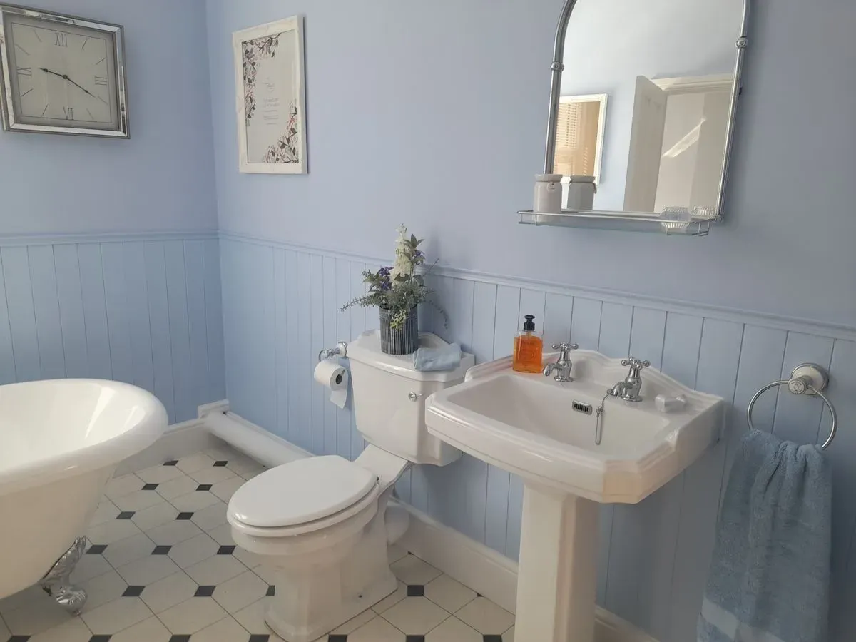 NN20 Bathroom Pale blue bathroom with wall panelling, a white basin and a wall mirror.